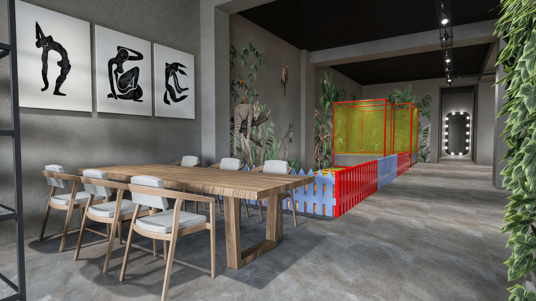 Nowoczesna restauracja z drewnianymi stołami i wewnętrznym kącikiem zabaw